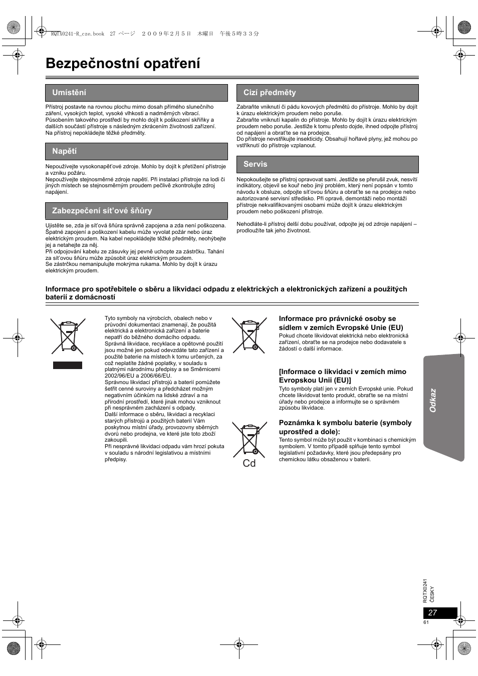 Bezpečnostní opatření | Panasonic SCPT170 User Manual | Page 61 / 104