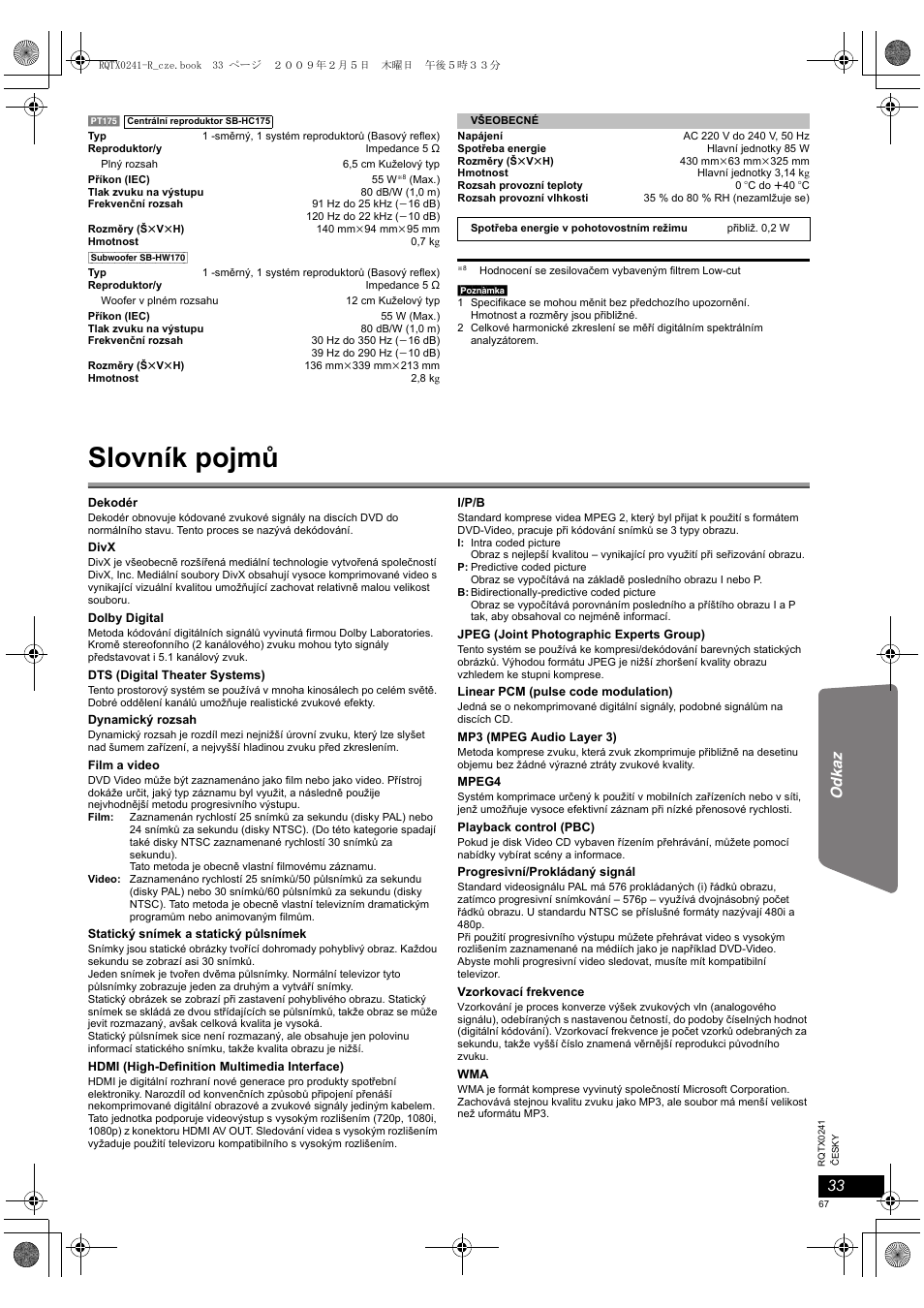 Slovník pojmů | Panasonic SCPT170 User Manual | Page 67 / 104