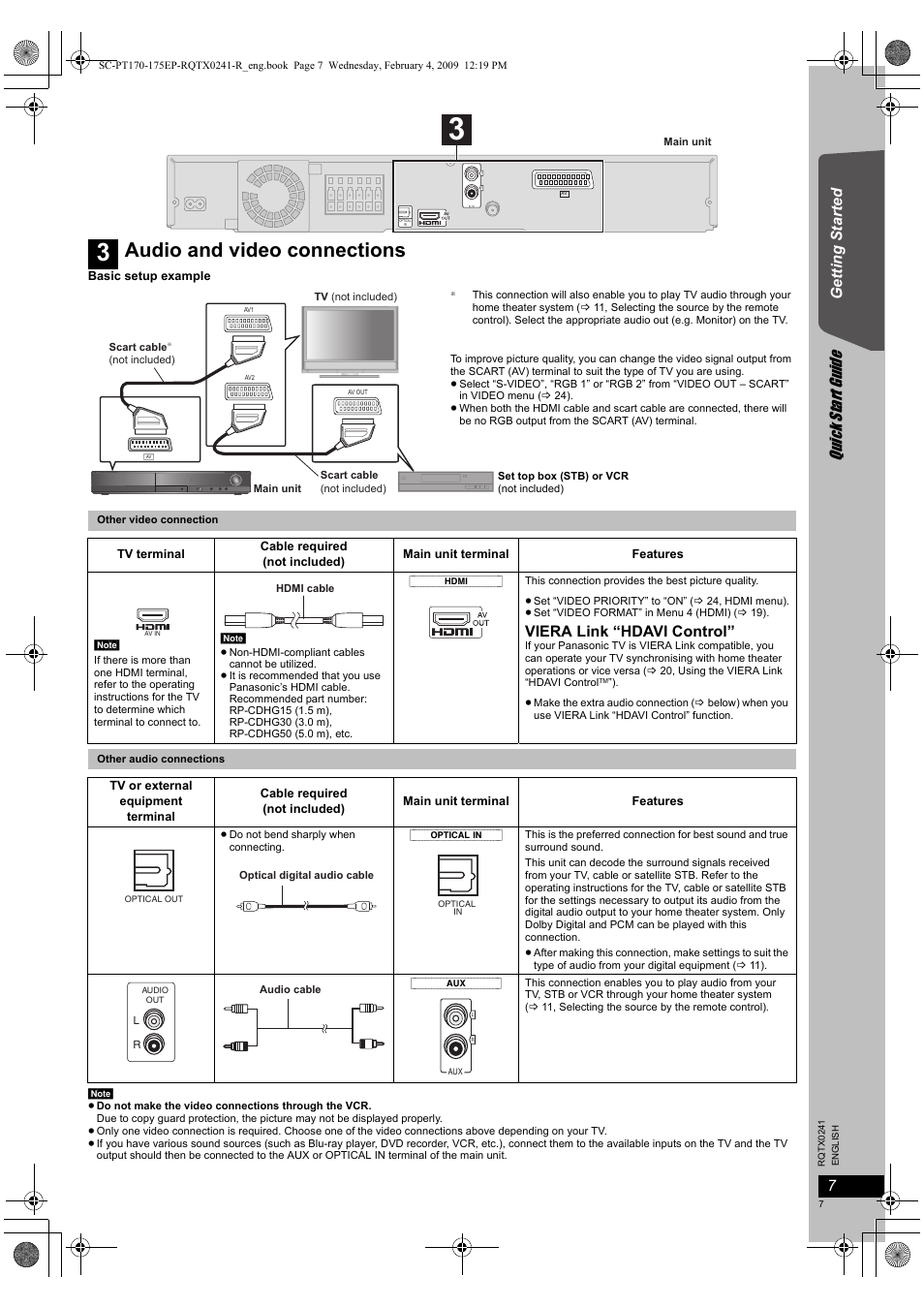 Audio and video connections, Quick start gu ide, Getting s tarted | Viera link “hdavi control | Panasonic SCPT170 User Manual | Page 7 / 104