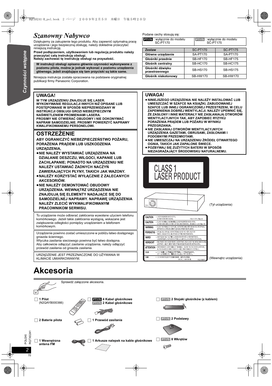 Akcesoria, Szanowny nabywco, Ostrzeżenie | Panasonic SCPT170 User Manual | Page 70 / 104