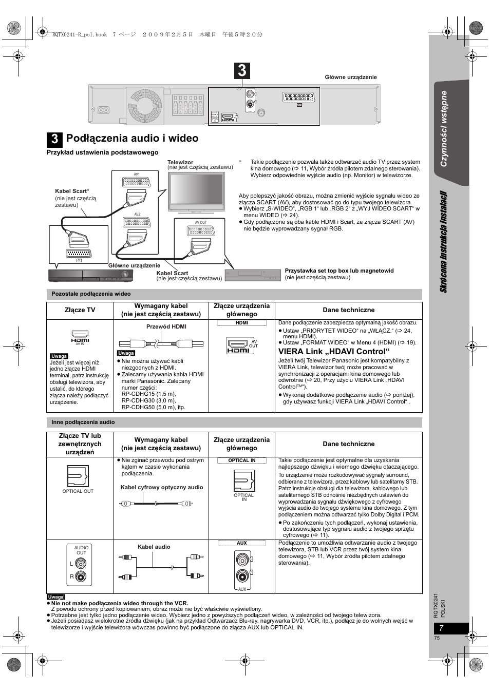 Podłączenia audio i wideo, Sk rócona instruk cj a in stal acj i, Cz yn no ś ci ws tę pne | Viera link „hdavi control | Panasonic SCPT170 User Manual | Page 75 / 104