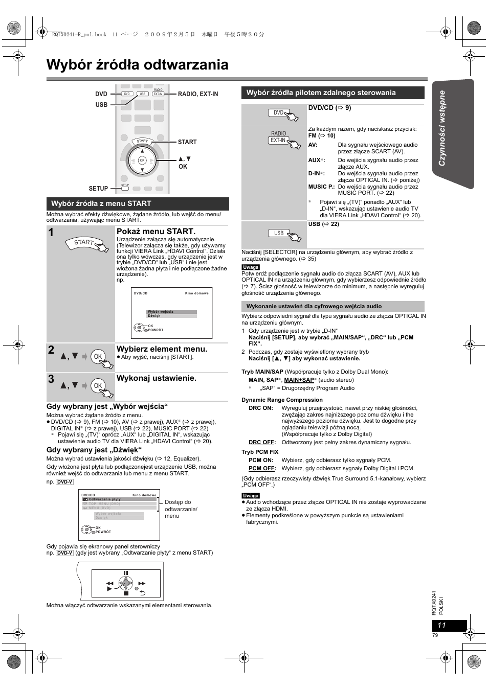 Wybór źródła odtwarzania, Pokaż menu start, Wybierz element menu | Wykonaj ustawienie | Panasonic SCPT170 User Manual | Page 79 / 104