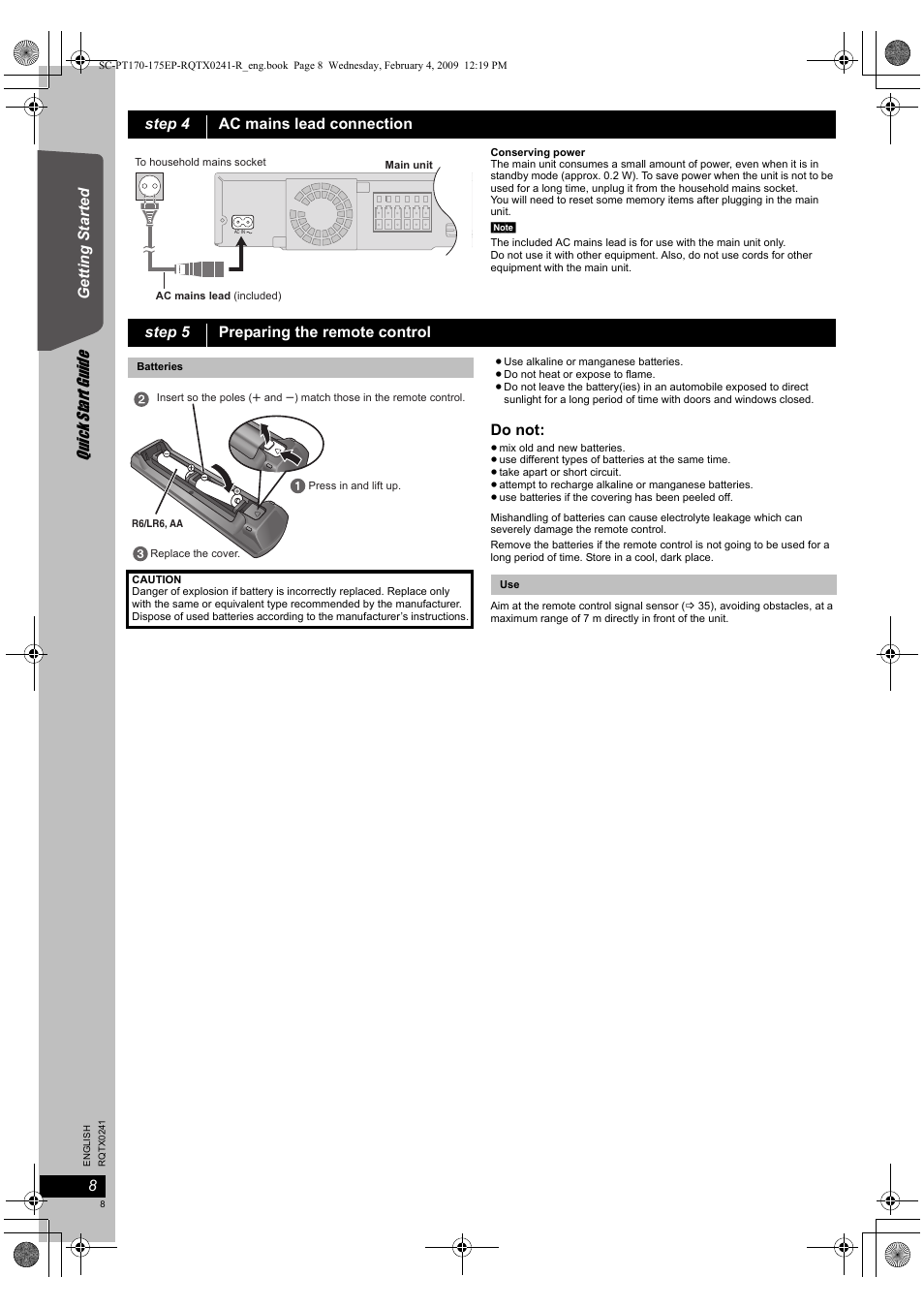 Quick start gu ide | Panasonic SCPT170 User Manual | Page 8 / 104