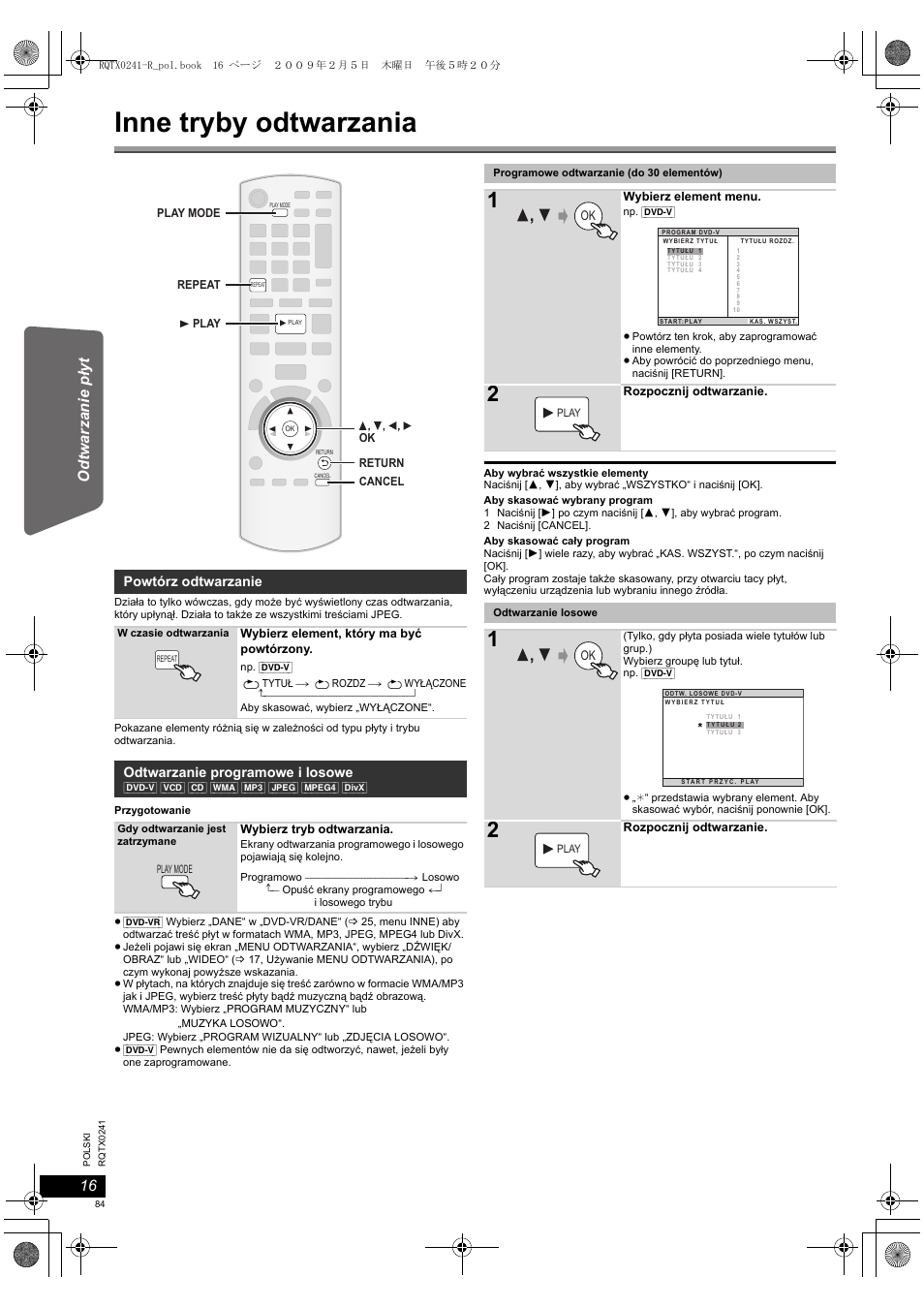 Inne tryby odtwarzania | Panasonic SCPT170 User Manual | Page 84 / 104