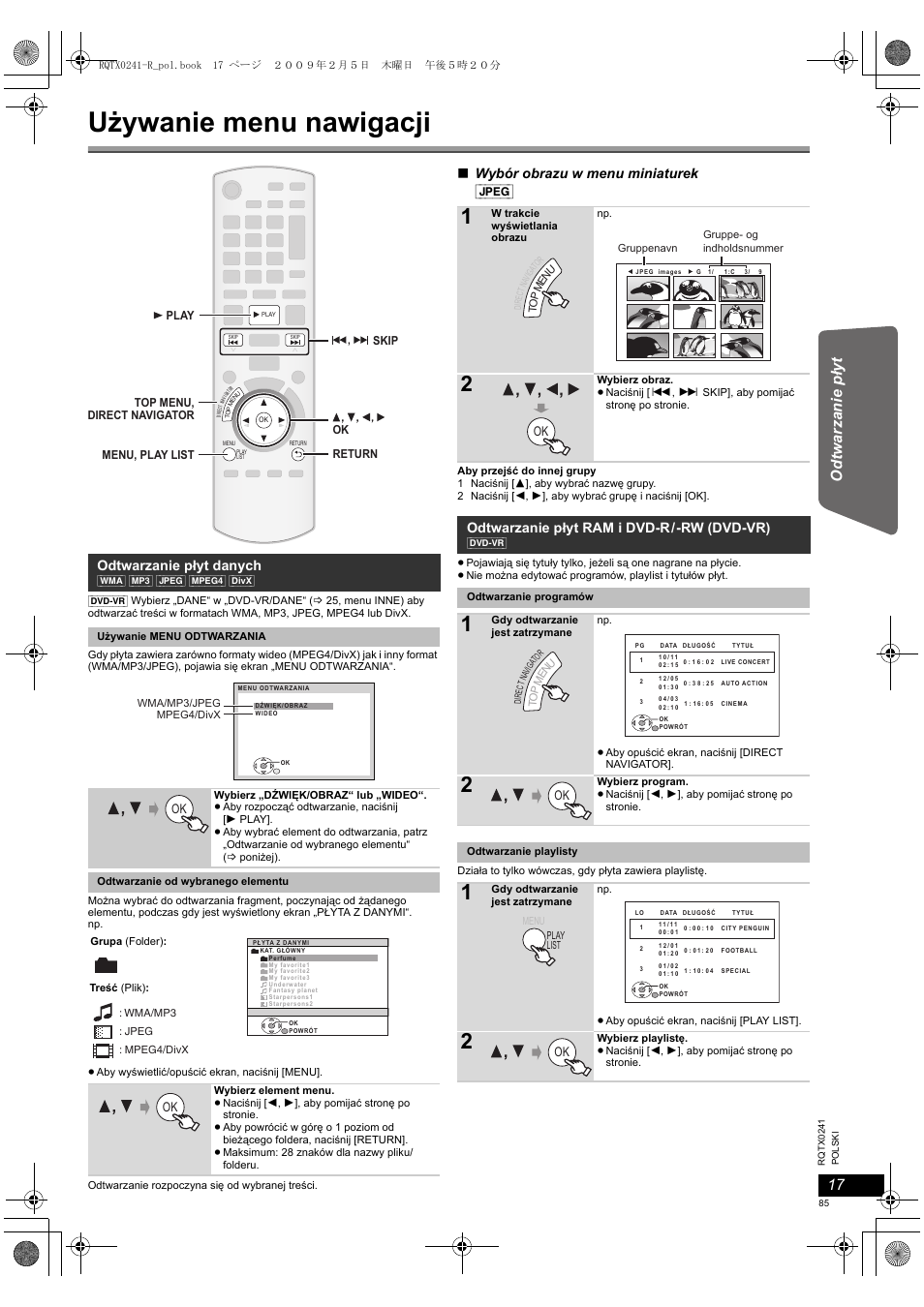 Używanie menu nawigacji, Wybór obrazu w menu miniaturek [jpeg, Odtwarzanie płyt danych | Odtwarzanie płyt ram i dvd-r/-rw (dvd-vr) | Panasonic SCPT170 User Manual | Page 85 / 104