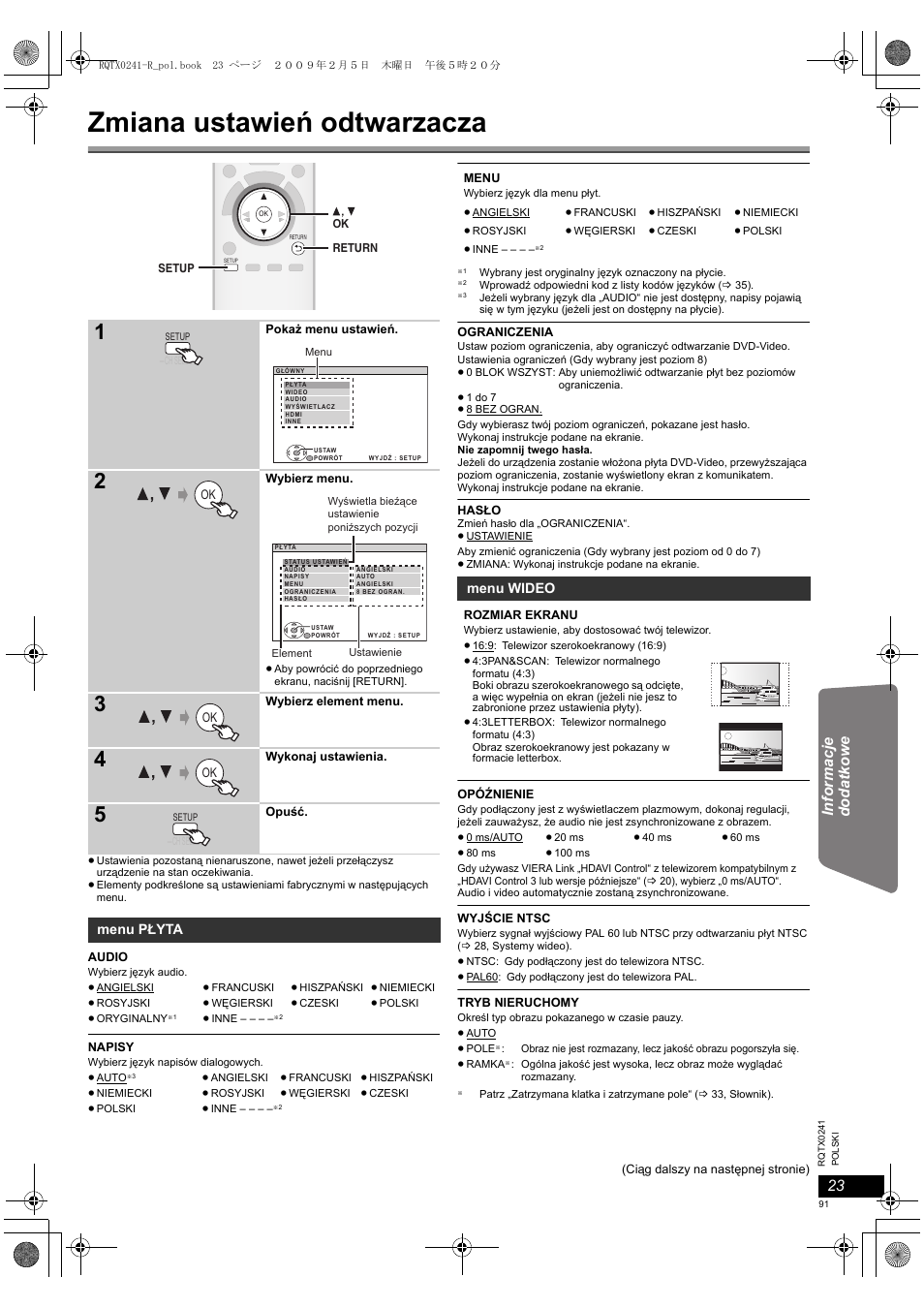 Zmiana ustawień odtwarzacza | Panasonic SCPT170 User Manual | Page 91 / 104