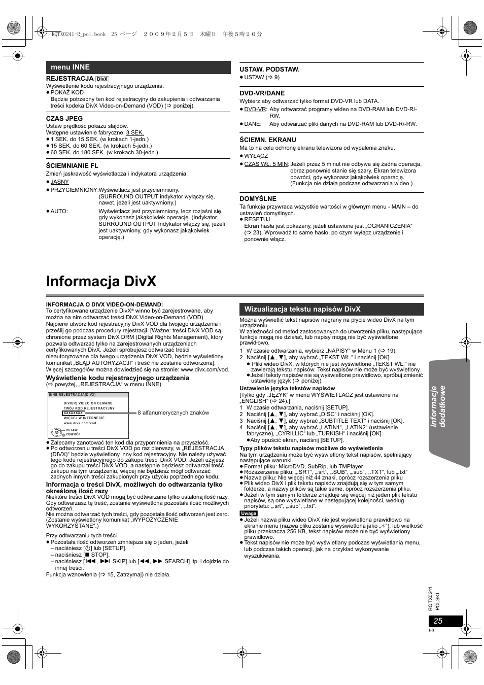 Informacja divx | Panasonic SCPT170 User Manual | Page 93 / 104