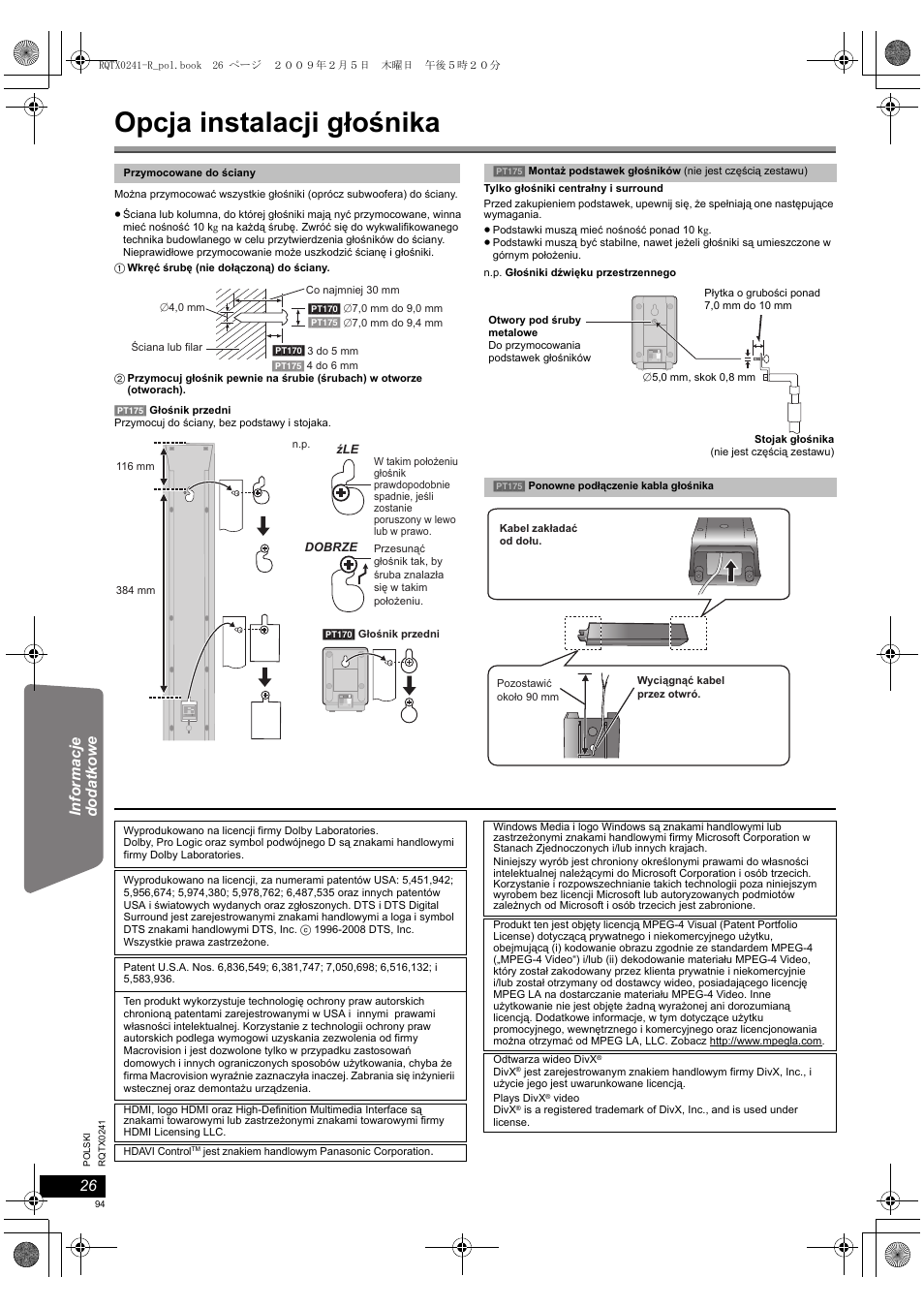 Opcja instalacji głośnika | Panasonic SCPT170 User Manual | Page 94 / 104