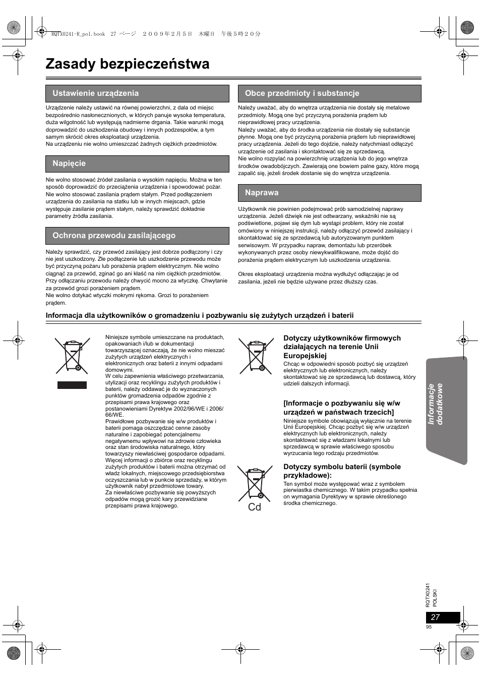 Zasady bezpieczeństwa | Panasonic SCPT170 User Manual | Page 95 / 104