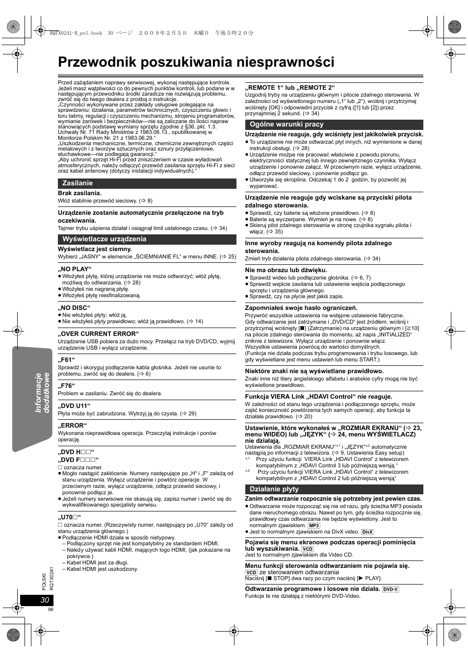 Przewodnik poszukiwania niesprawności | Panasonic SCPT170 User Manual | Page 98 / 104