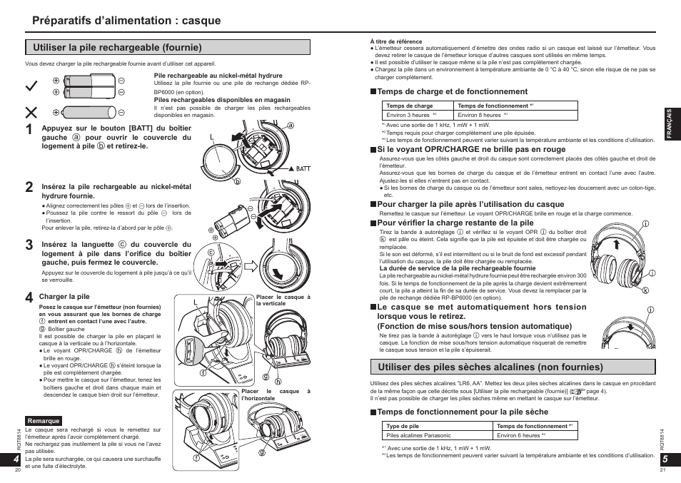 Préparatifs d’alimentation : casque, 45 utiliser la pile rechargeable (fournie), Utiliser des piles sèches alcalines (non fournies) | Panasonic RPWF6000H User Manual | Page 11 / 51
