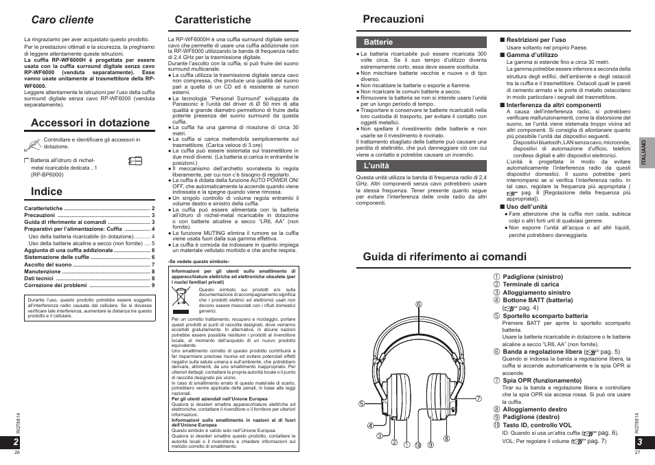 Caratteristiche indice, Caro cliente, Precauzioni accessori in dotazione | Guida di riferimento ai comandi, Batterie, L’unità | Panasonic RPWF6000H User Manual | Page 14 / 51