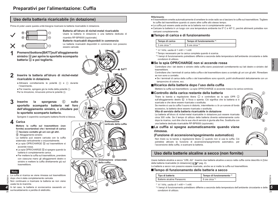 Preparativi per l’alimentazione: cuffia, 45 uso della batteria ricaricabile (in dotazione), Uso della batterie alcaline a secco (non fornite) | Panasonic RPWF6000H User Manual | Page 15 / 51