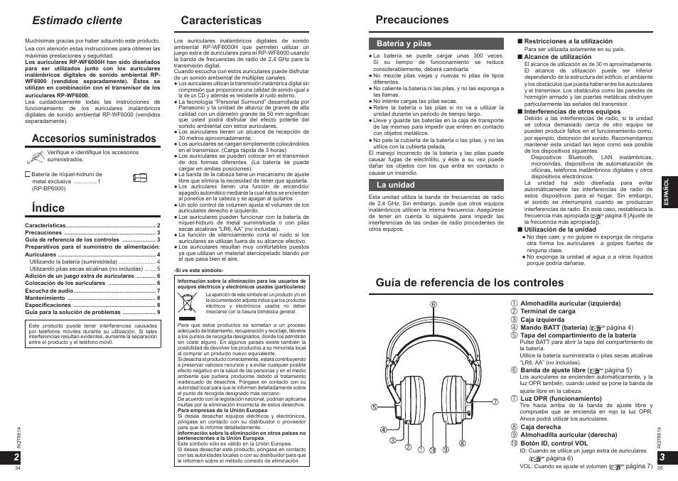 Características índice, Estimado cliente, Precauciones accesorios suministrados | Guía de referencia de los controles | Panasonic RPWF6000H User Manual | Page 18 / 51