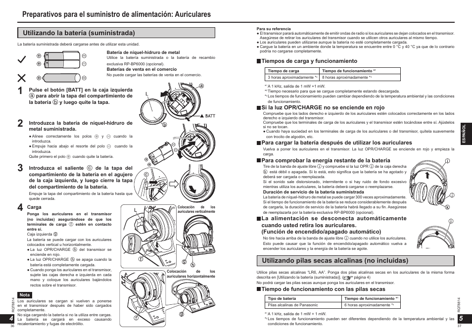 5utilizando la batería (suministrada), Utilizando pilas secas alcalinas (no incluidas) | Panasonic RPWF6000H User Manual | Page 19 / 51