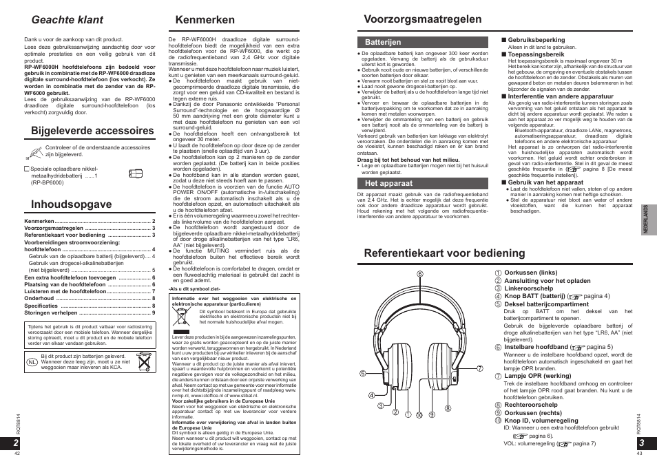 Kenmerken inhoudsopgave, Geachte klant, Voorzorgsmaatregelen bijgeleverde accessoires | Referentiekaart voor bediening, Batterijen, Het apparaat | Panasonic RPWF6000H User Manual | Page 22 / 51