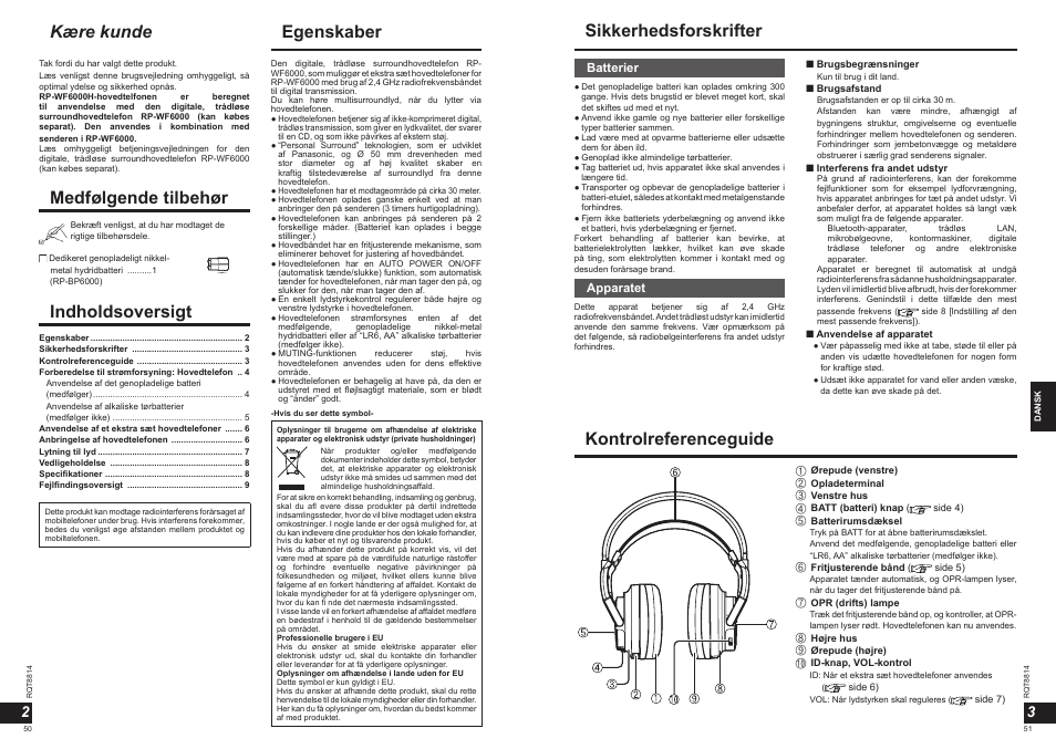 Egenskaber indholdsoversigt, Kære kunde, Sikkerhedsforskrifter medfølgende tilbehør | Kontrolreferenceguide, Batterier, Apparatet | Panasonic RPWF6000H User Manual | Page 26 / 51