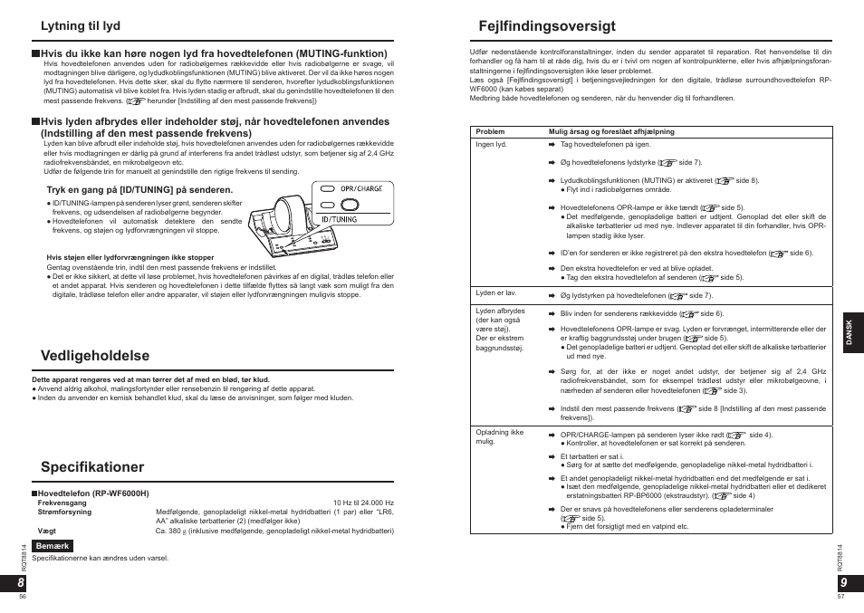Vedligeholdelse, Specifikationer, Fejlfindingsoversigt | Lytning til lyd 9 8 | Panasonic RPWF6000H User Manual | Page 29 / 51