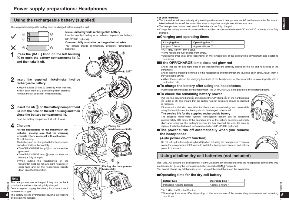 Power supply preparations: headphones, 45 using the rechargeable battery (supplied), Using alkaline dry cell batteries (not included) | Panasonic RPWF6000H User Manual | Page 3 / 51