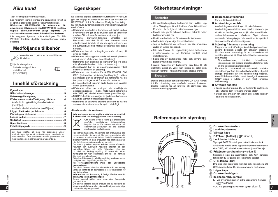 Egenskaper innehållsförteckning, Kära kund, Säkerhetsanvisningar medföljande tillbehör | Referensguide styrning | Panasonic RPWF6000H User Manual | Page 30 / 51