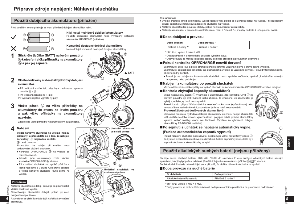 Příprava zdroje napájení: náhlavní sluchátka, 45 použití dobíjecího akumulátoru (přiložen) | Panasonic RPWF6000H User Manual | Page 35 / 51
