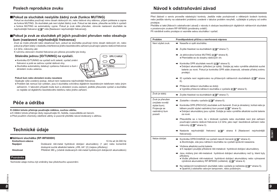 Péče a údržba, Technické údaje, Návod k odstraňování závad | Poslech reprodukce zvuku 9 8 | Panasonic RPWF6000H User Manual | Page 37 / 51