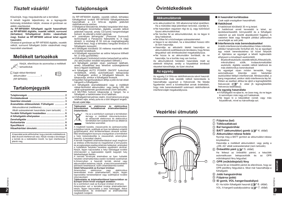 Tulajdonságok tartalomjegyzék, Tisztelt vásárló, Óvintézkedések mellékelt tartozékok | Vezérlési útmutató, Akkumulátorok, Az egység | Panasonic RPWF6000H User Manual | Page 42 / 51