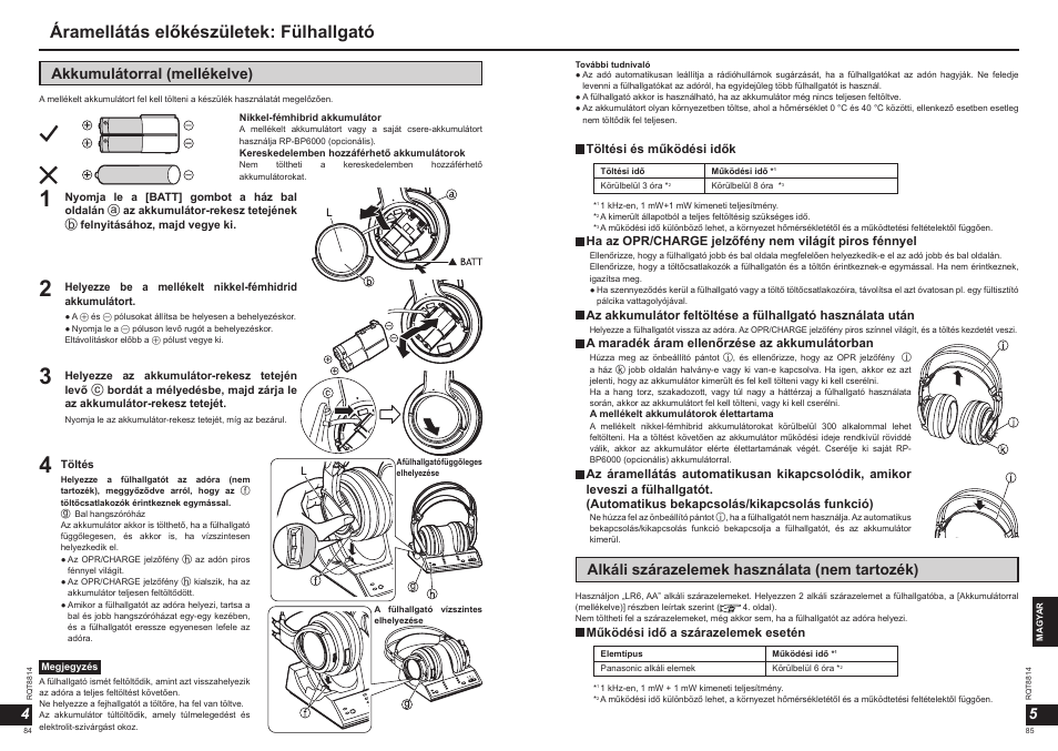 Áramellátás előkészületek: fülhallgató, 45 akkumulátorral (mellékelve), Alkáli szárazelemek használata (nem tartozék) | Panasonic RPWF6000H User Manual | Page 43 / 51