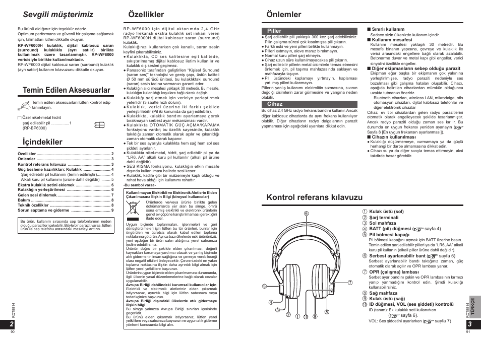 Önlemler özellikler içindekiler, Sevgili müşterimiz, Temin edilen aksesuarlar | Kontrol referans kılavuzu | Panasonic RPWF6000H User Manual | Page 46 / 51