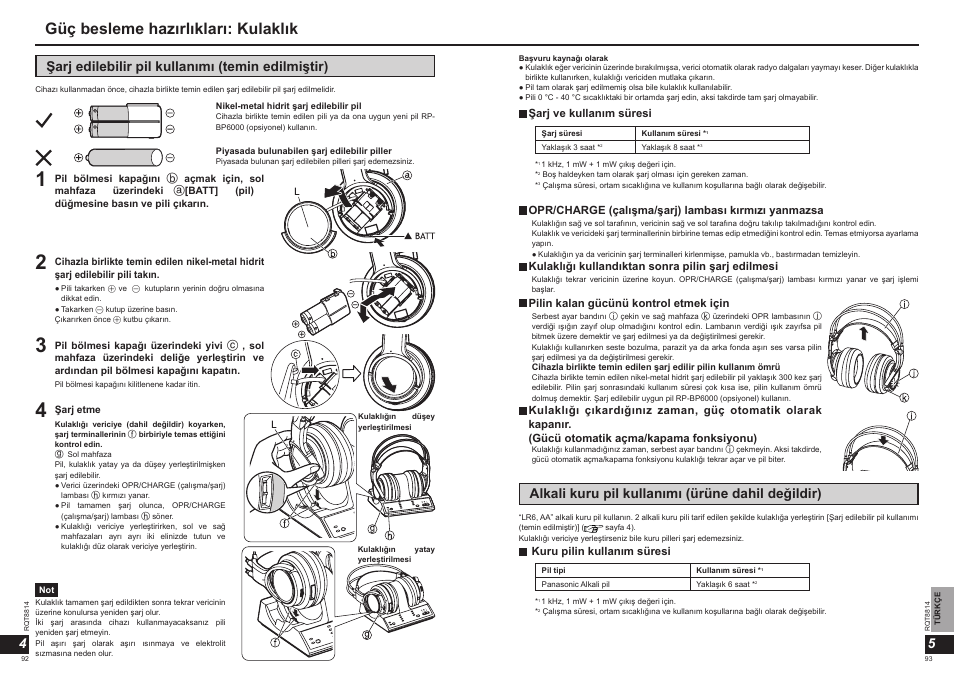 Güç besleme hazırlıkları: kulaklık, Alkali kuru pil kullanımı (ürüne dahil değildir) | Panasonic RPWF6000H User Manual | Page 47 / 51