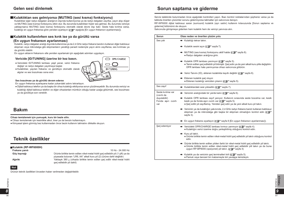 Bakım, Teknik özellikler, Sorun saptama ve giderme | Gelen sesi dinlemek 9 8 | Panasonic RPWF6000H User Manual | Page 49 / 51