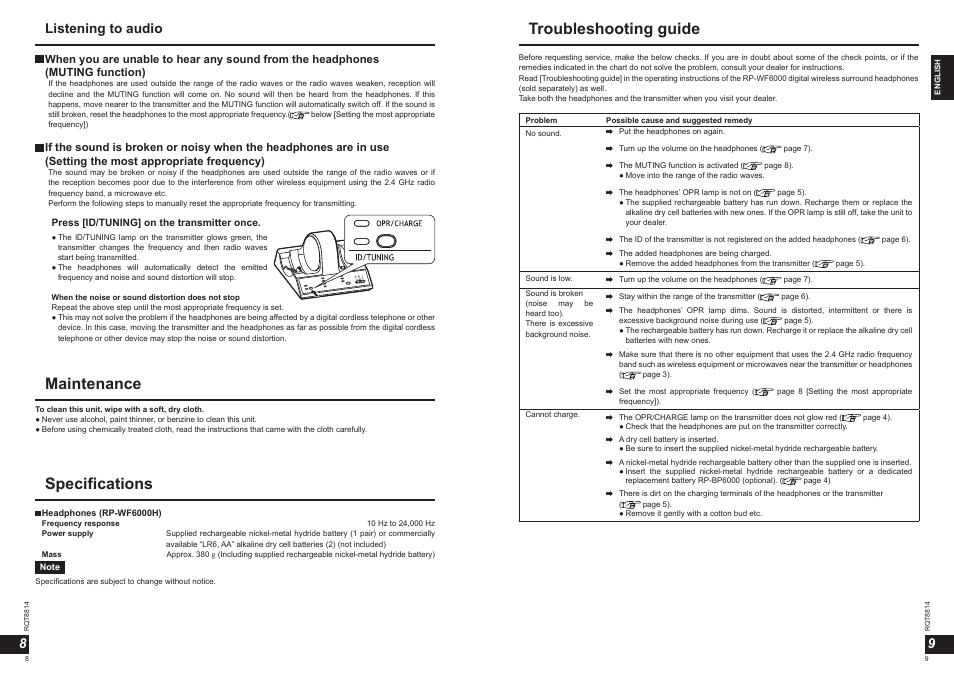 Maintenance, Specifications, Troubleshooting guide | Listening to audio | Panasonic RPWF6000H User Manual | Page 5 / 51