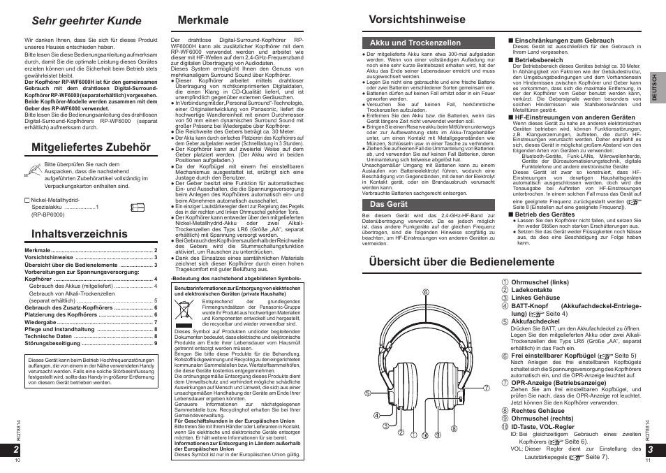 Merkmale inhaltsverzeichnis, Sehr geehrter kunde, Vorsichtshinweise mitgeliefertes zubehör | Übersicht über die bedienelemente, Akku und trockenzellen, Das gerät | Panasonic RPWF6000H User Manual | Page 6 / 51