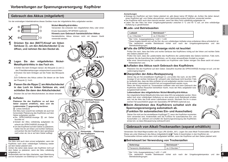 Vorbereitungen zur spannungsversorgung: kopfhörer, Gebrauch des akkus (mitgeliefert) | Panasonic RPWF6000H User Manual | Page 7 / 51