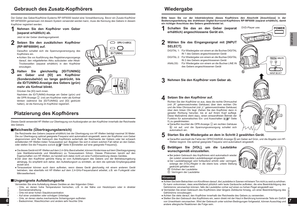 Gebrauch des zusatz-kopfhörers, Platzierung des kopfhörers, Wiedergabe | Panasonic RPWF6000H User Manual | Page 8 / 51