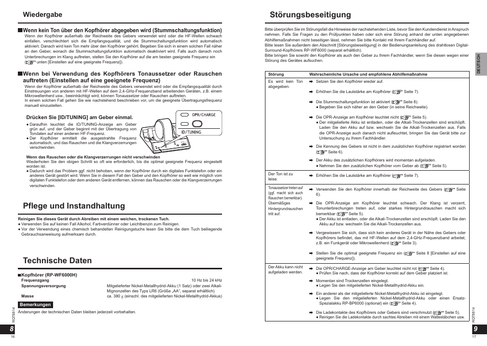 Pflege und instandhaltung, Technische daten, Störungsbeseitigung | Wiedergabe 9 8 | Panasonic RPWF6000H User Manual | Page 9 / 51