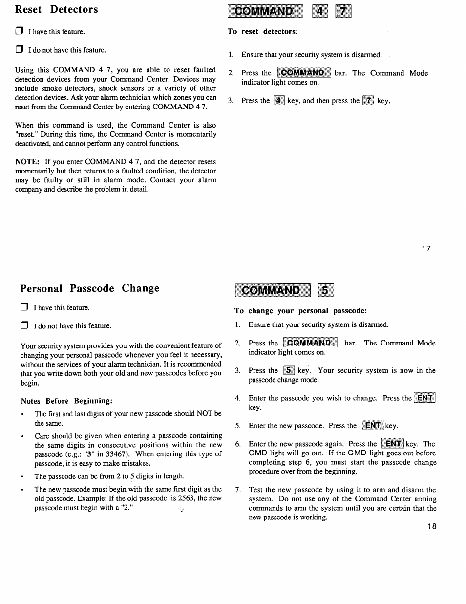 Reset detectors, Command i [4] [7, Personal passcode change | Command | ADT Security Services 6112 User Manual | Page 10 / 14