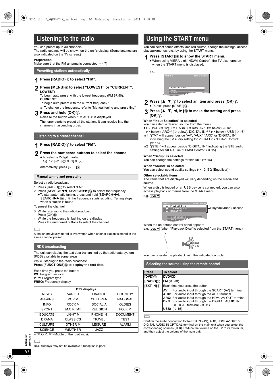 Listening to the radio, Using the start menu | Panasonic SCXH175EP User Manual | Page 10 / 94