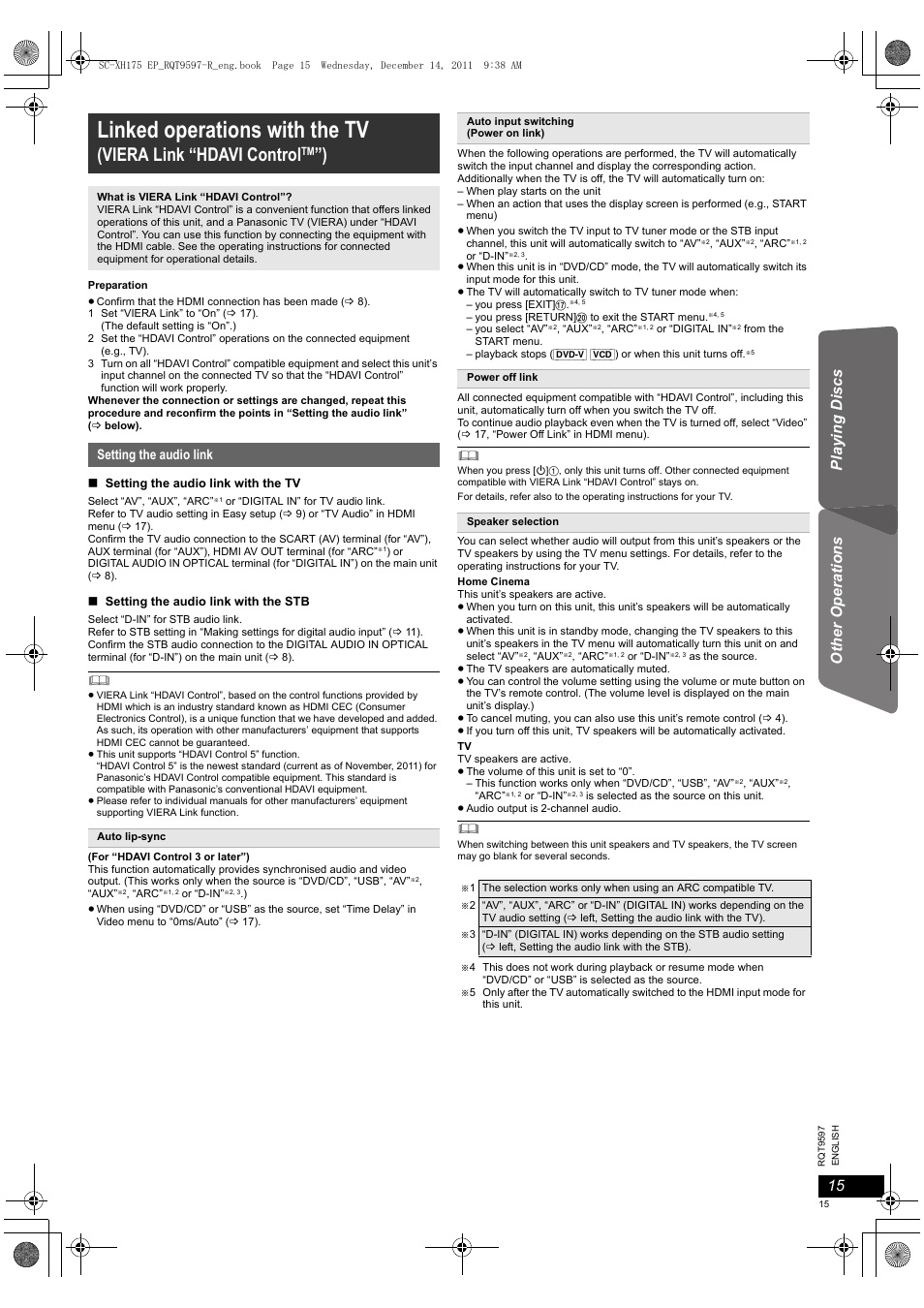 Linked operations with the tv, Viera link “hdavi control, Setting the audio link | Panasonic SCXH175EP User Manual | Page 15 / 94