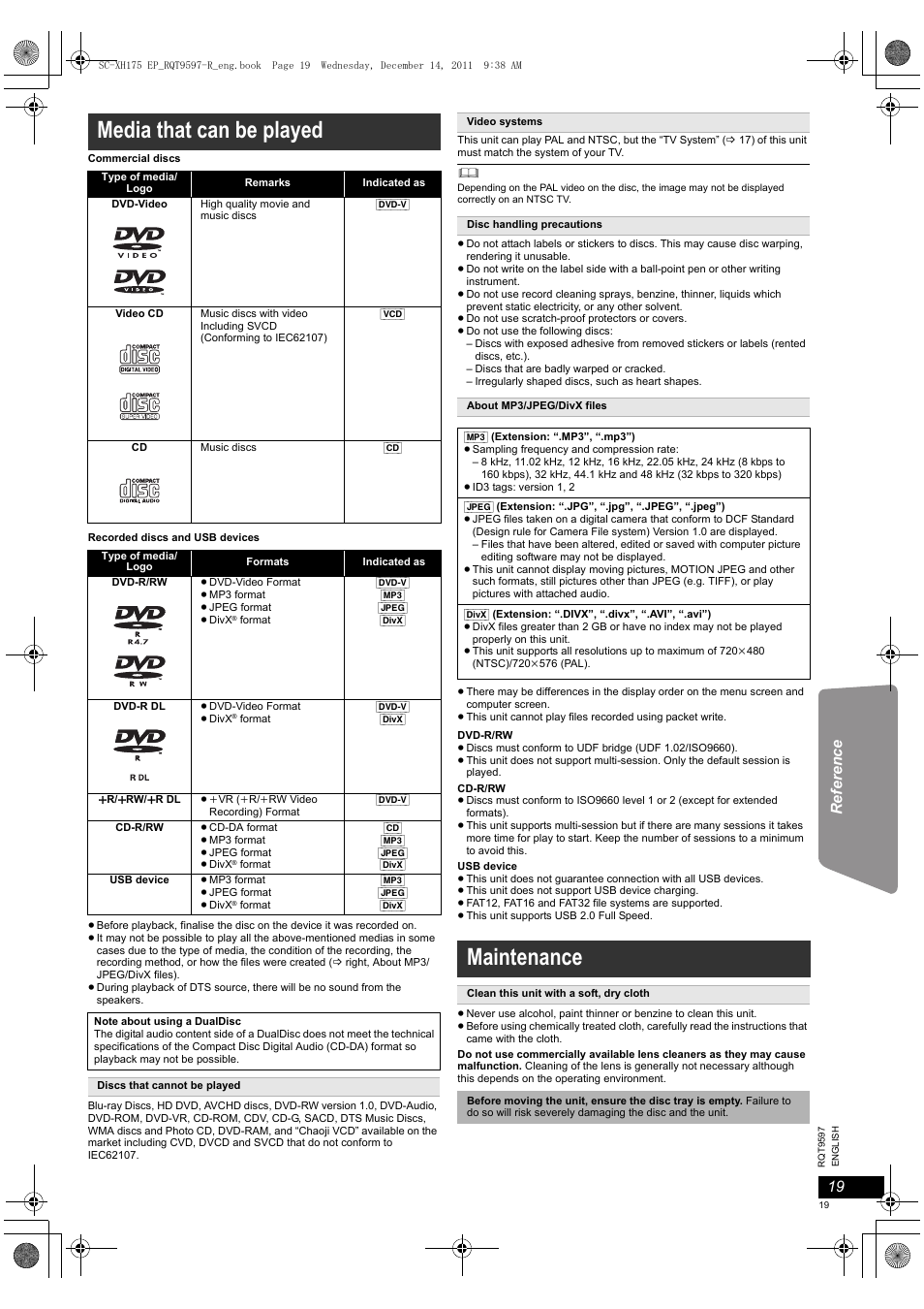 Media that can be played, Maintenance | Panasonic SCXH175EP User Manual | Page 19 / 94