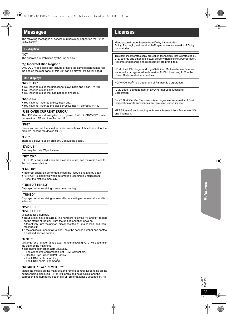 Messages, Licenses | Panasonic SCXH175EP User Manual | Page 23 / 94