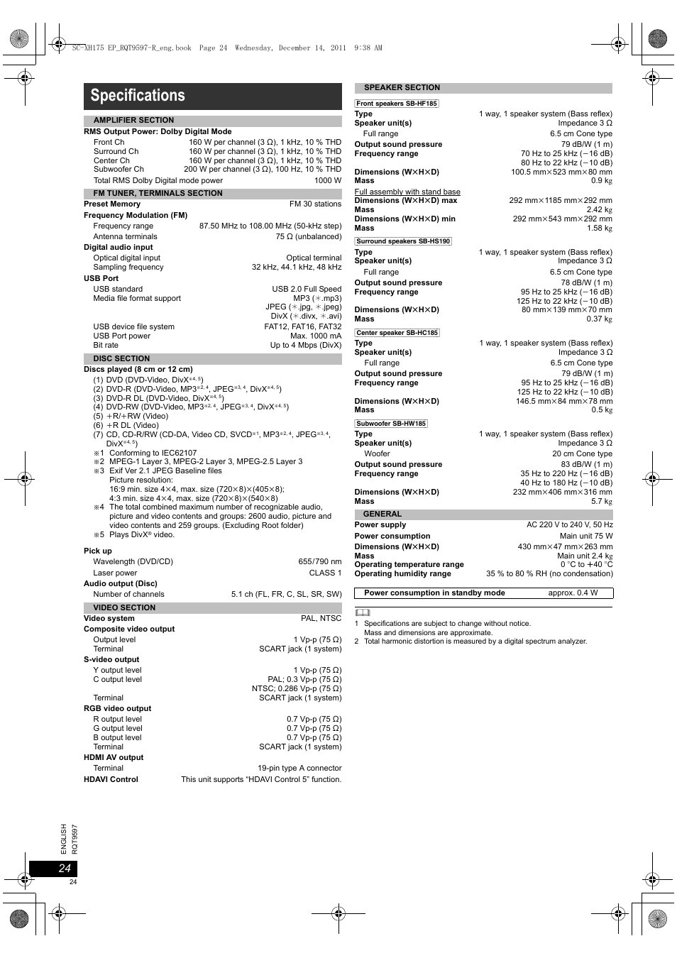 Specifications | Panasonic SCXH175EP User Manual | Page 24 / 94