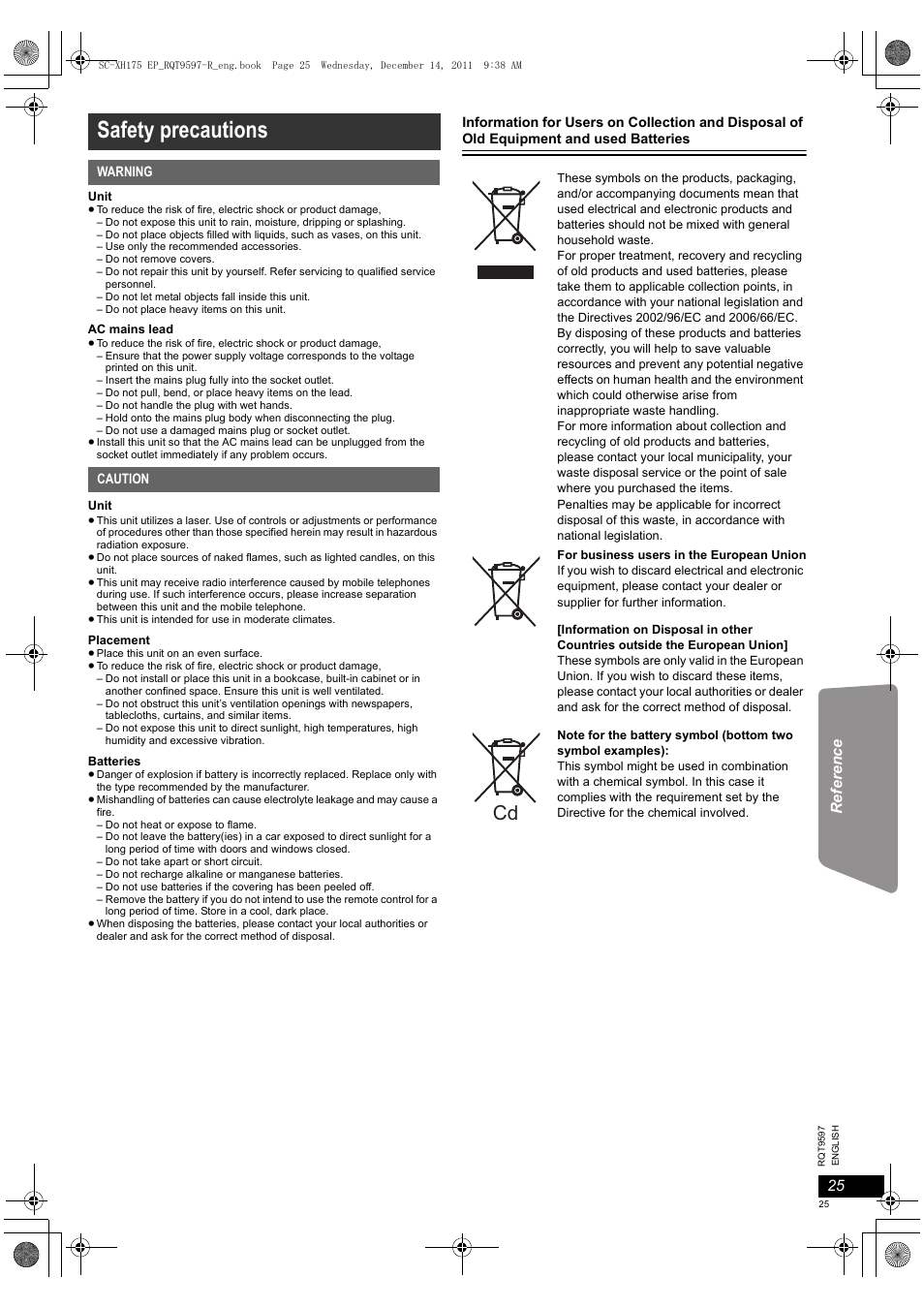 Safety precautions | Panasonic SCXH175EP User Manual | Page 25 / 94