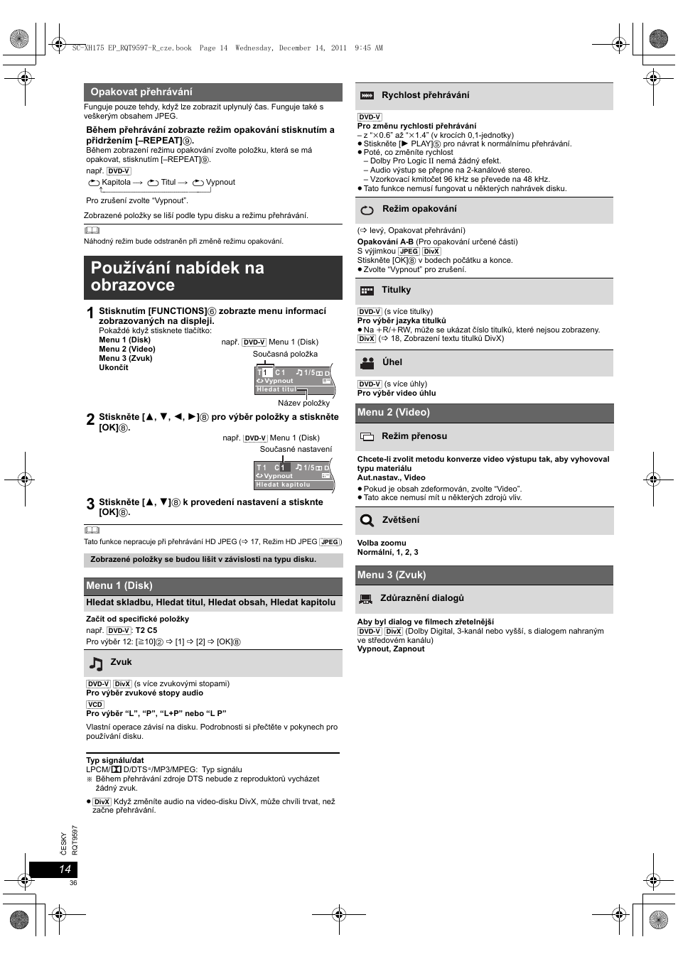 Používání nabídek na obrazovce | Panasonic SCXH175EP User Manual | Page 36 / 94