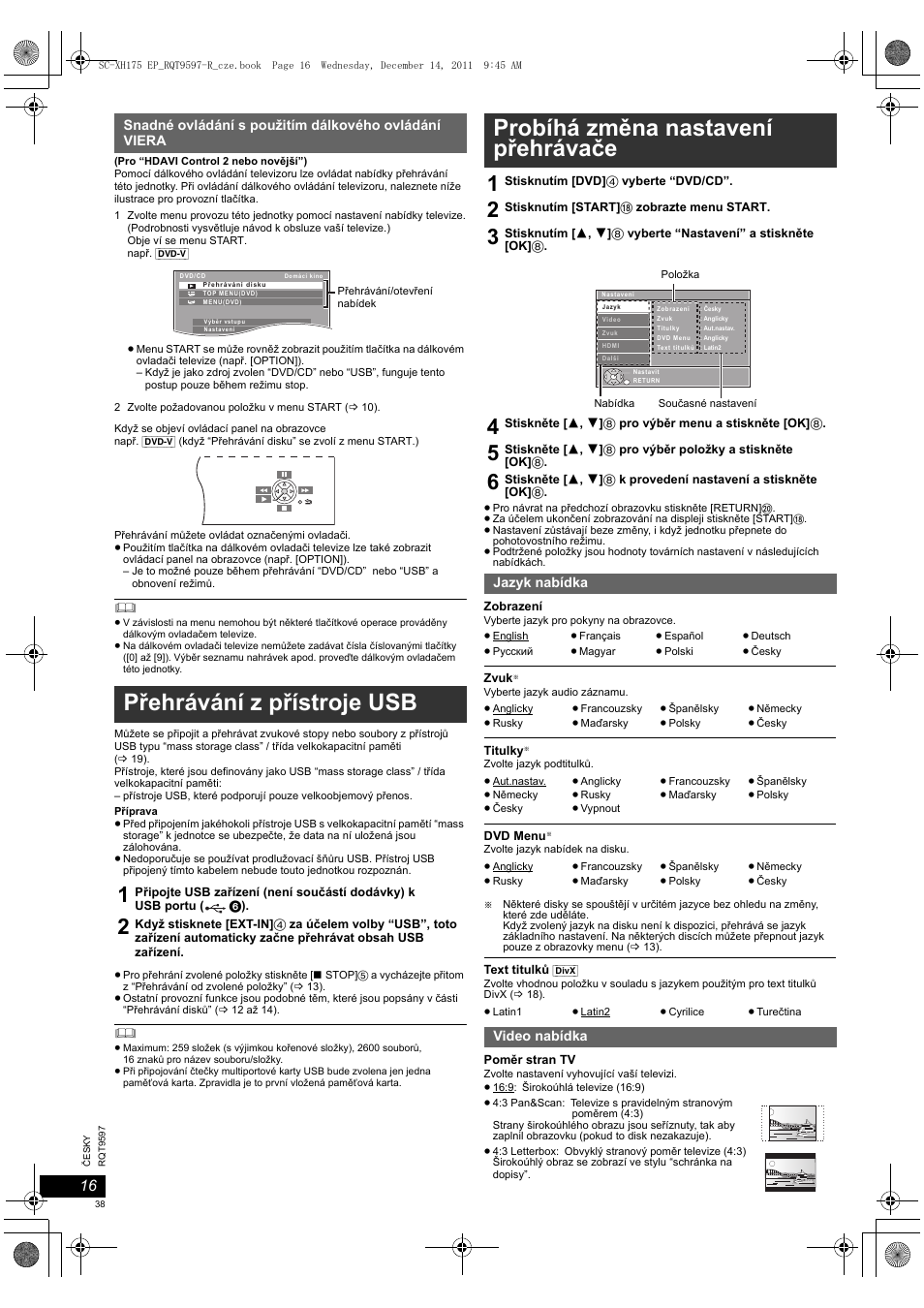 Přehrávání z přístroje usb, Probíhá změna nastavení přehrávače | Panasonic SCXH175EP User Manual | Page 38 / 94