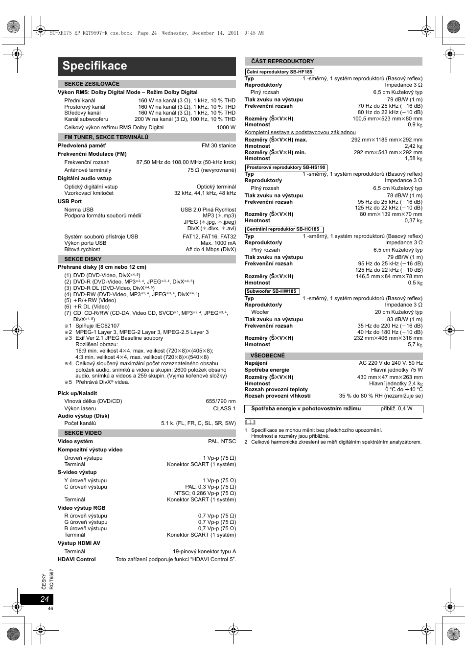 Specifikace | Panasonic SCXH175EP User Manual | Page 46 / 94
