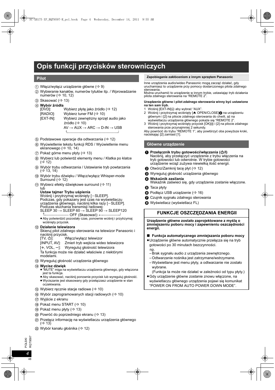 Opis funkcji przycisków sterowniczych | Panasonic SCXH175EP User Manual | Page 48 / 94