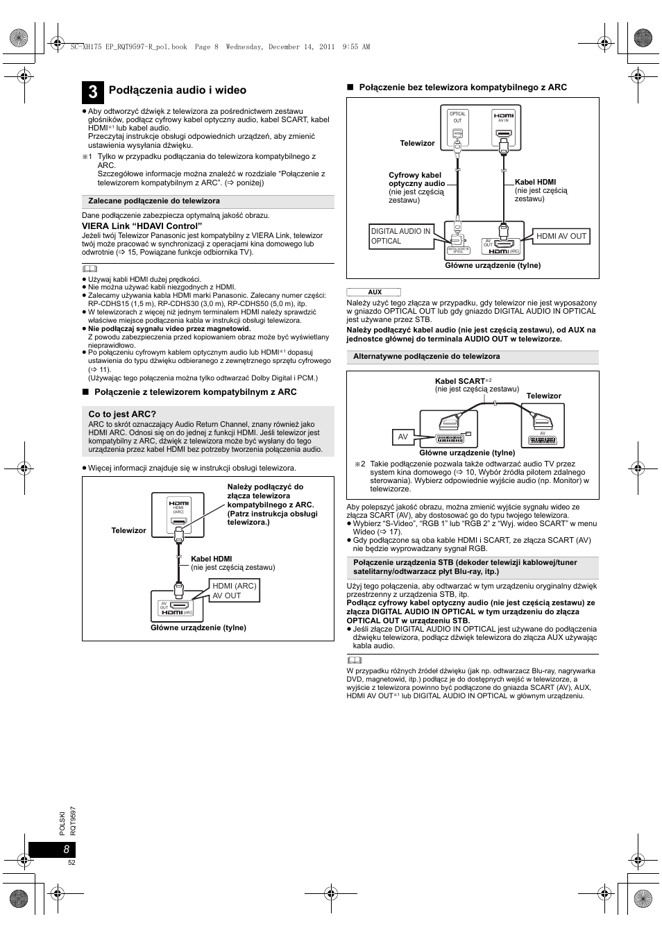 Podłączenia audio i wideo | Panasonic SCXH175EP User Manual | Page 52 / 94