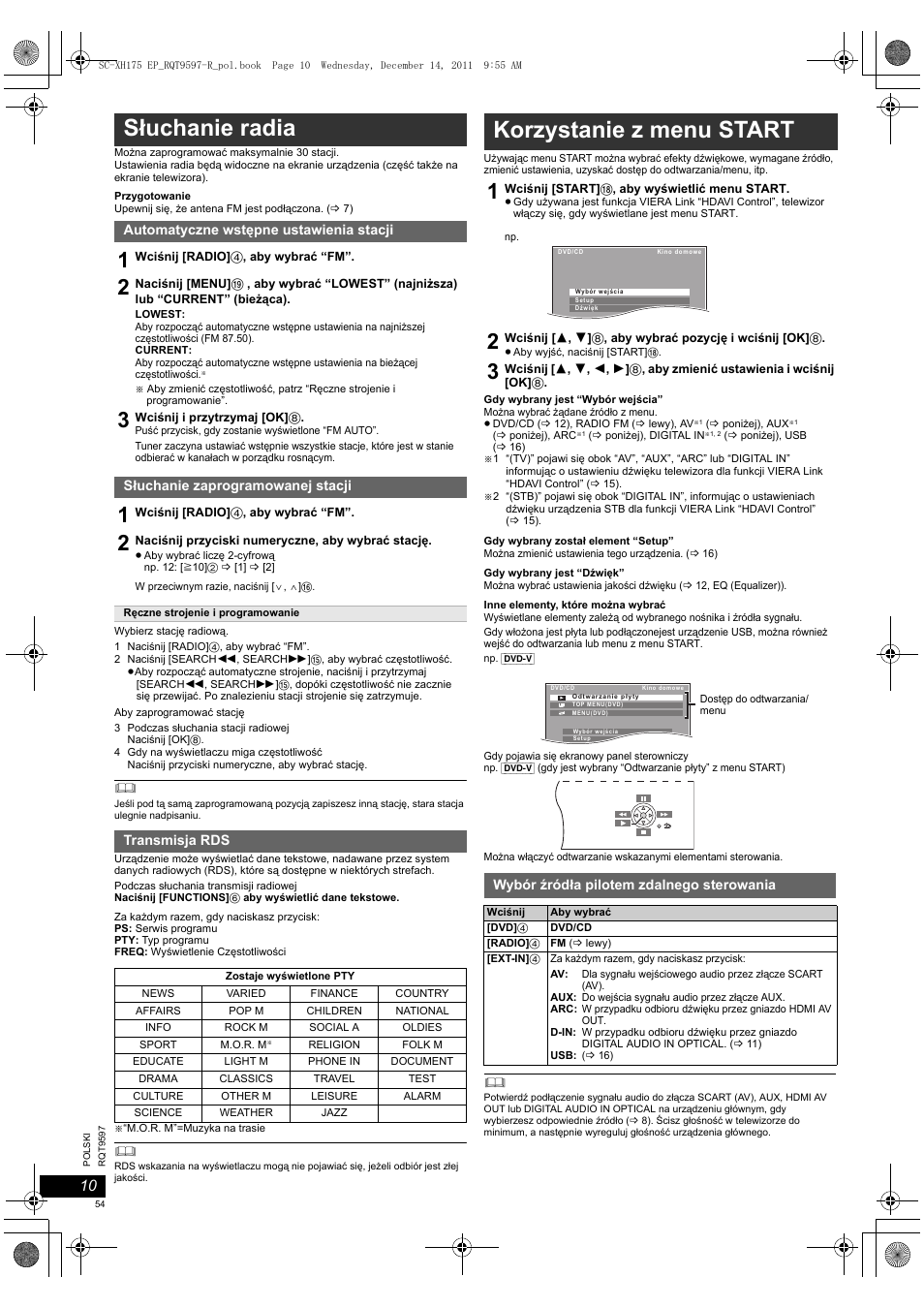 Słuchanie radia, Korzystanie z menu start | Panasonic SCXH175EP User Manual | Page 54 / 94