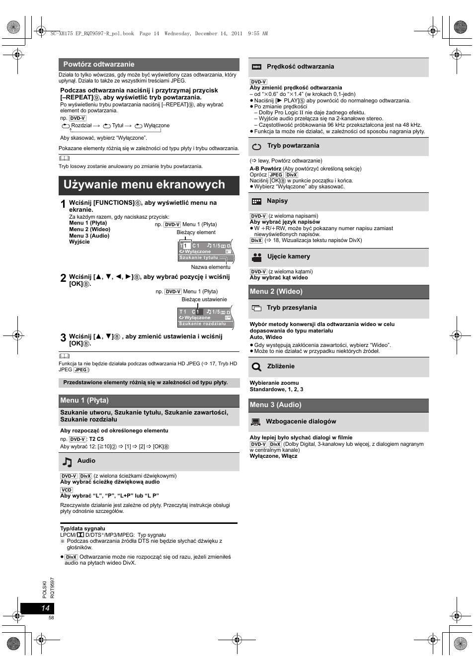 Używanie menu ekranowych | Panasonic SCXH175EP User Manual | Page 58 / 94
